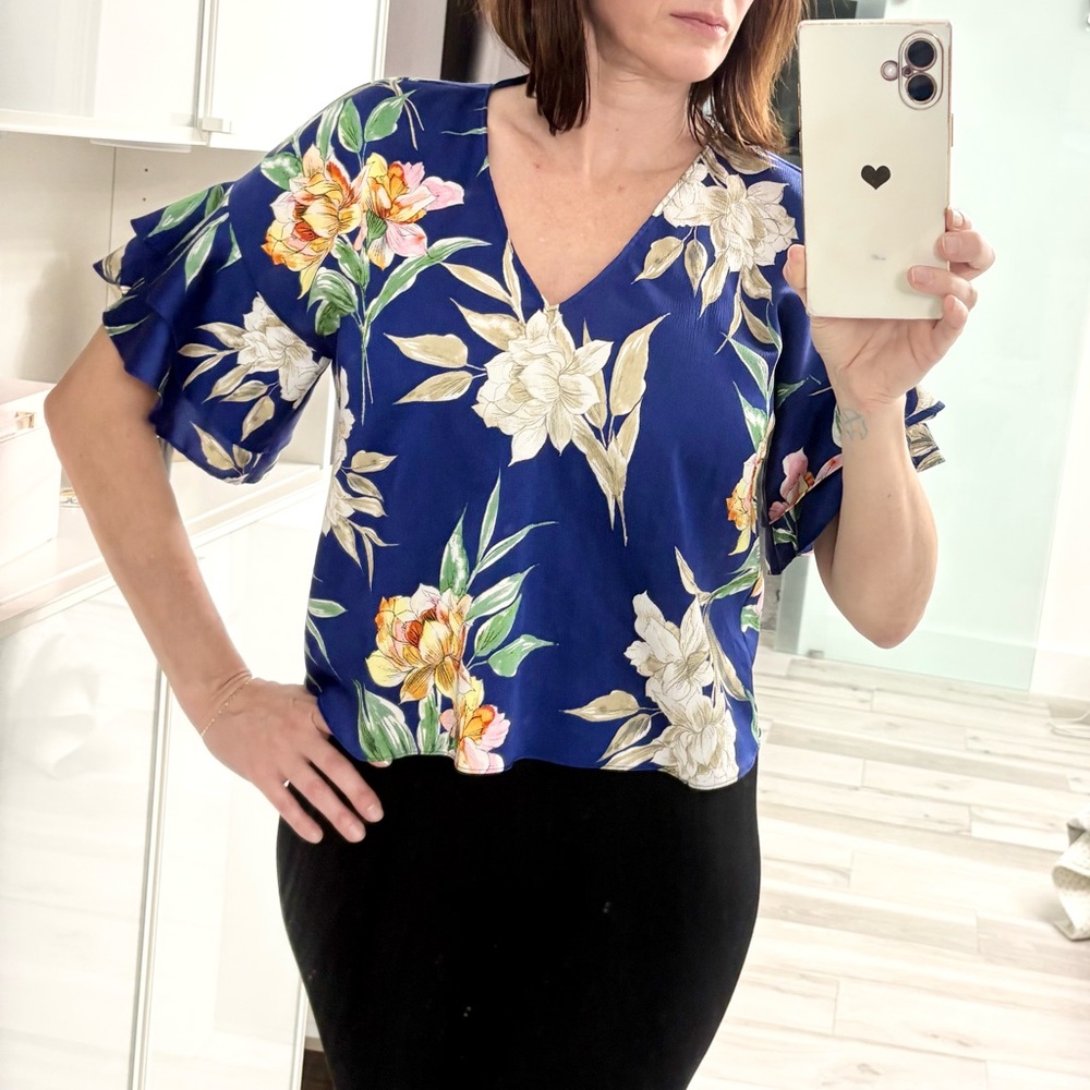 Zara Tropical Blue Floral Ruffle Sleeve Blouse